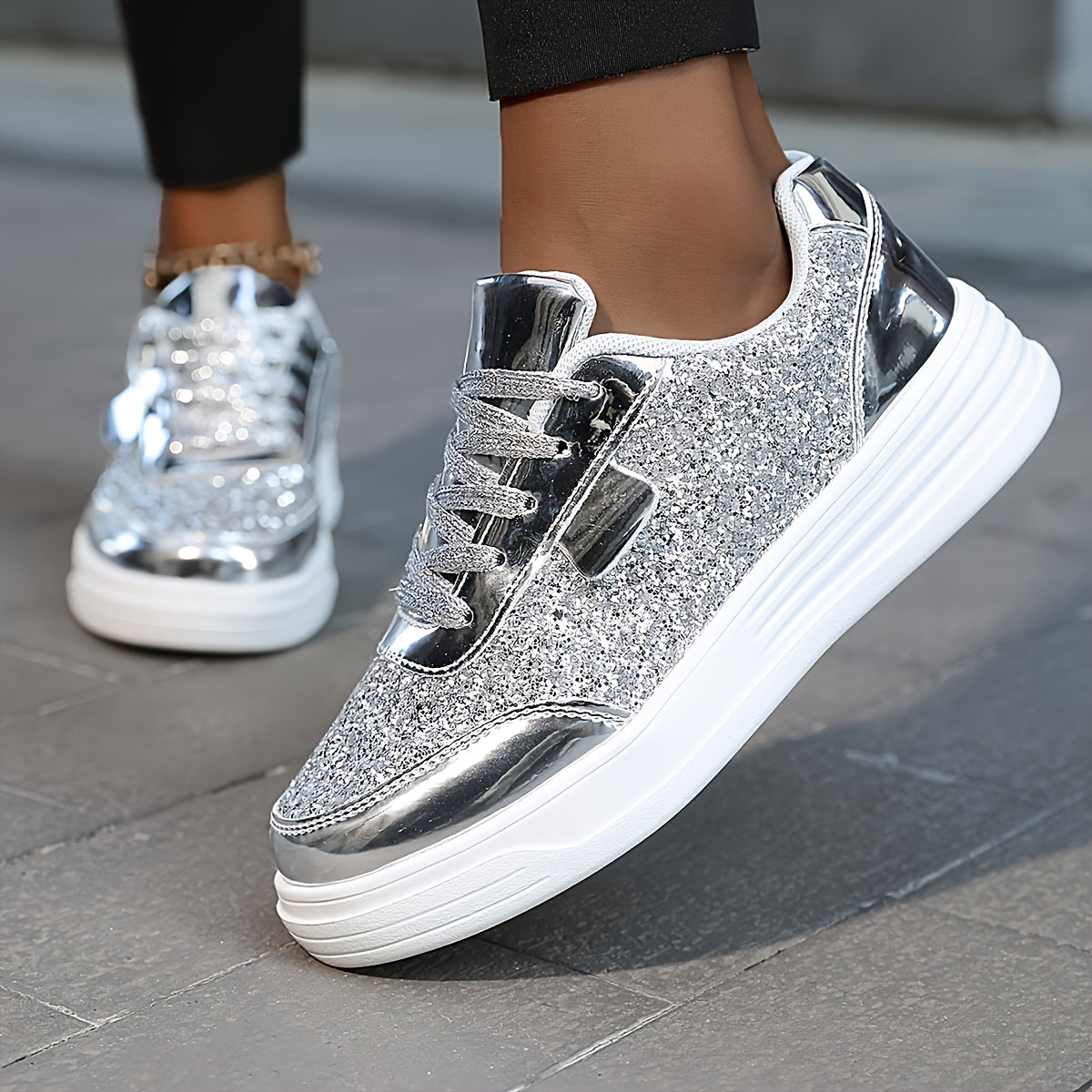 Women'S Glittery Sequin Sneakers - Golden & White Low-Top Lace-Up Casual Skate Shoes with MD Sole, Fabric Insole, and Synthetic Upper for All Season